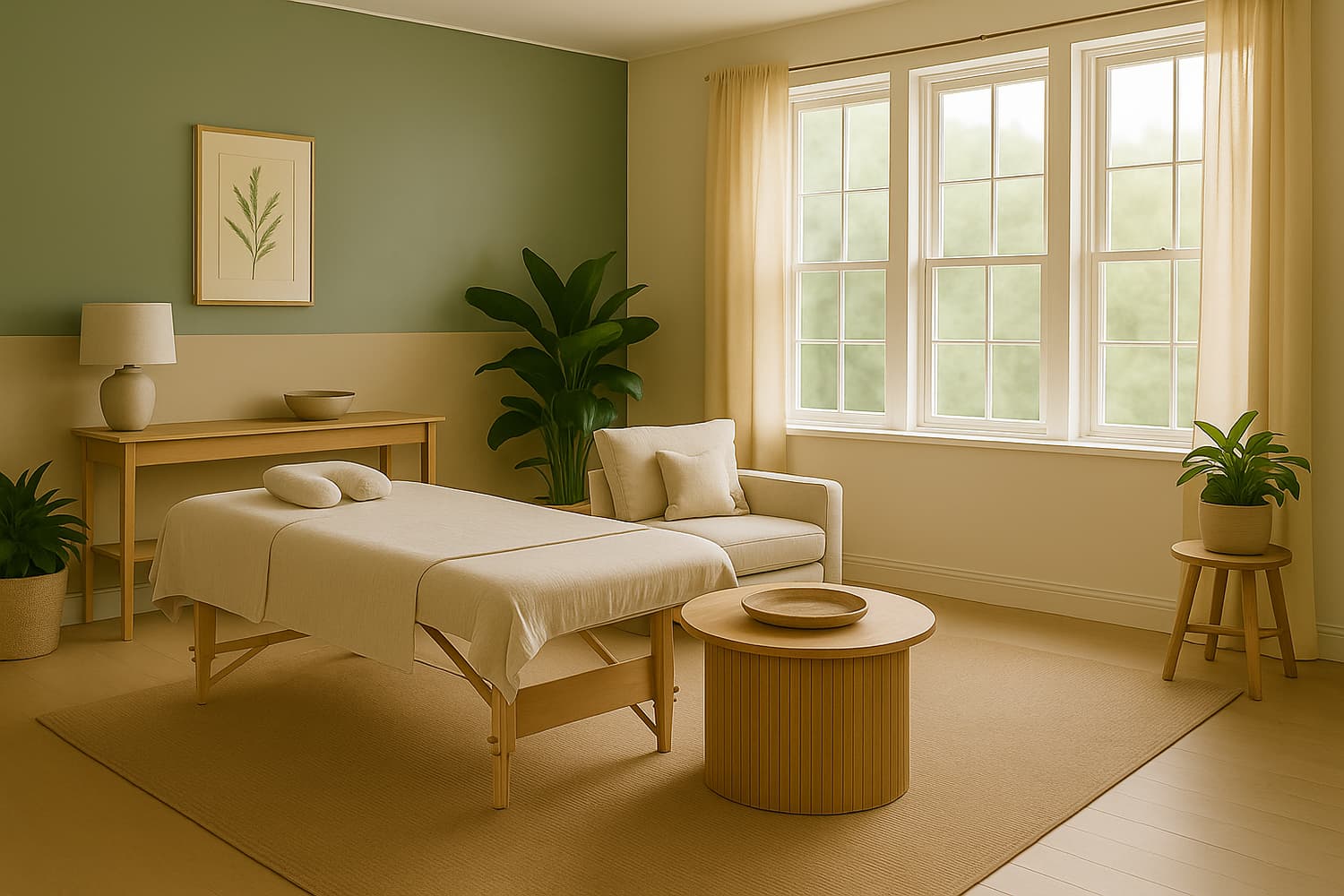 A treatment couch set up in a bright living room with a plant